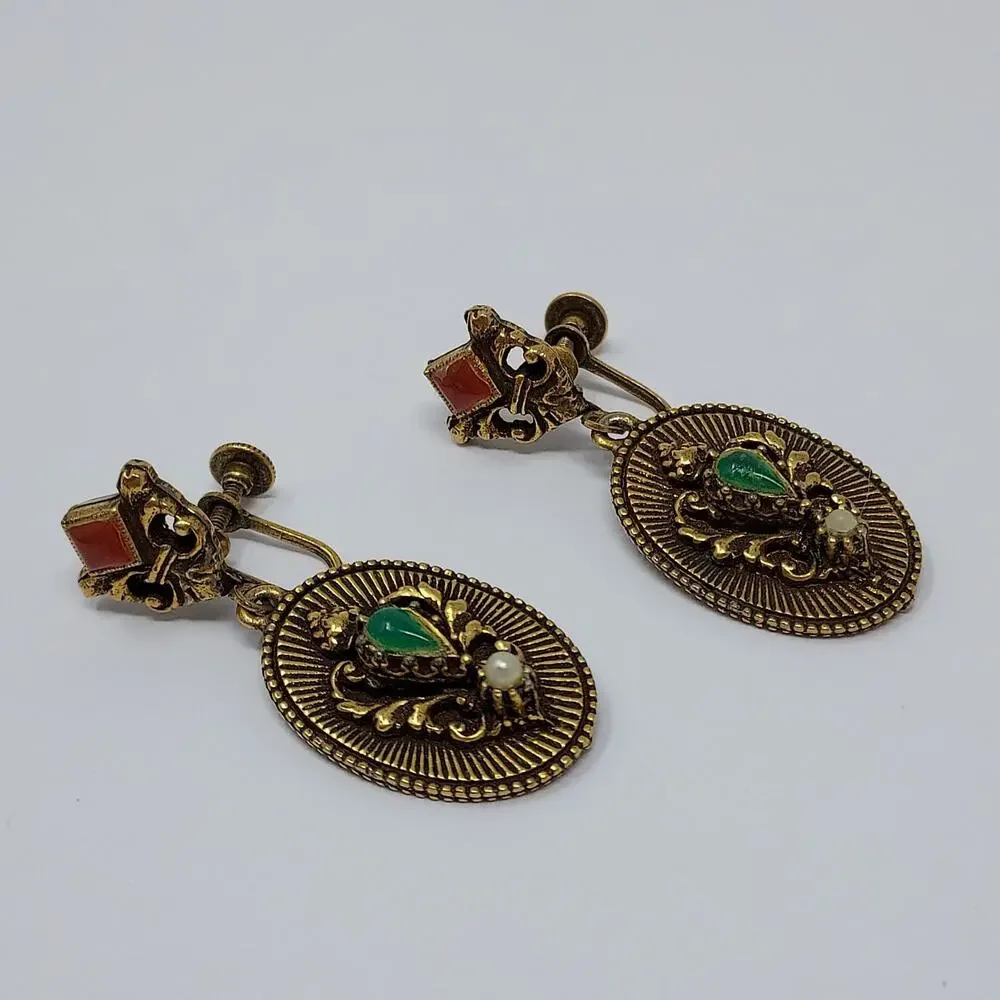 Vintage Victorian Revival Earrings Dangle Aged Gold Tone Gemstones Screw Back